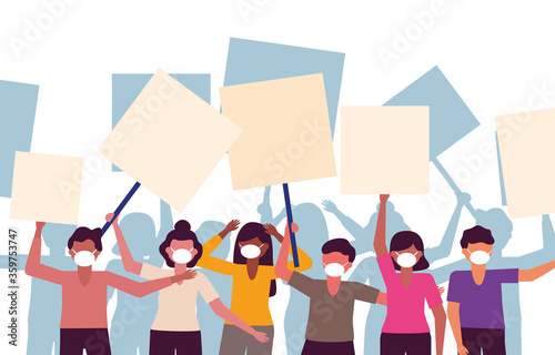 People with medical masks and banners boards vector design