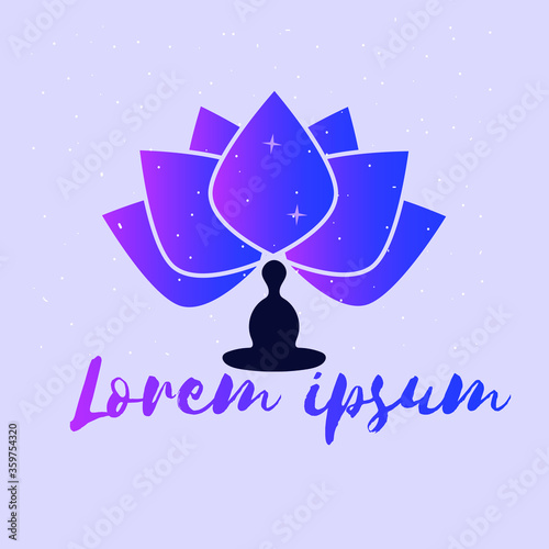 Lotus flower logo with person in yoga position, contains gradient and stars