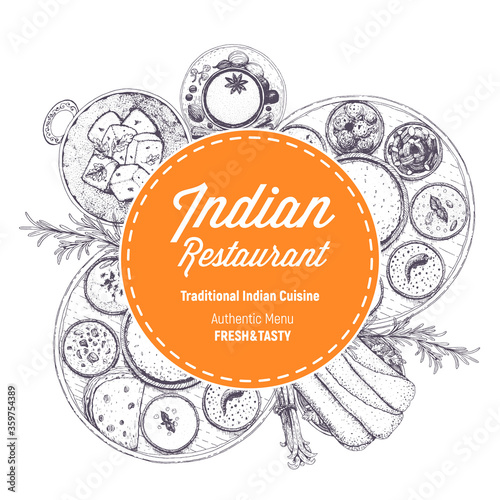 Indian cuisine vector illustration. Indian food circle concept. Menu label hand drawn.