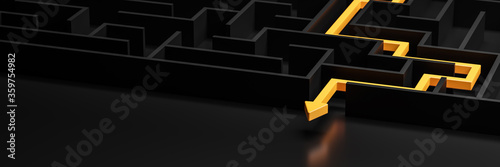 3d rendering: Concept - solving a complex problem. Black maze and floor with yellow solution path with arrow. Low key image.