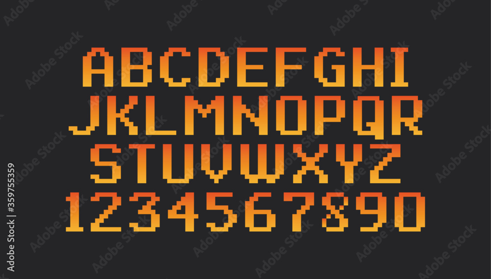 Pixel vintage font isolated on black background. 