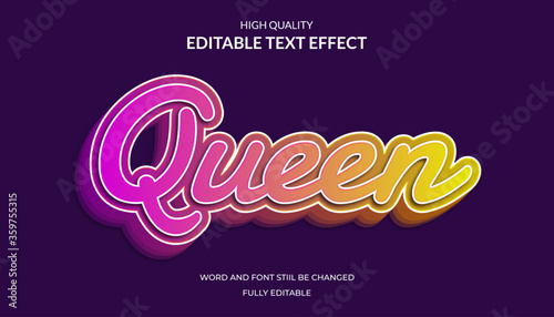 queen text effect, editable 3d cartoon text style effect.