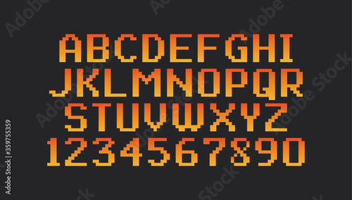 Pixel vintage font isolated on black background. 