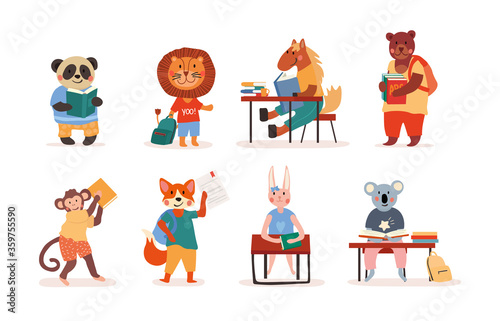 Assorted set of cute charming little cartoon animal students with books, at desks in class and going to school isolated on white, colored vector illustration