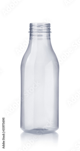 Front view of empty plastic milk bottle