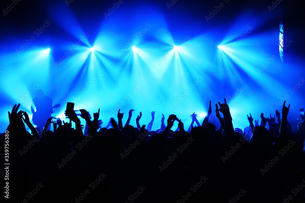 silhouette of a musician on stage and crowd at a concert. atmosphere of a music festival. blurred banner