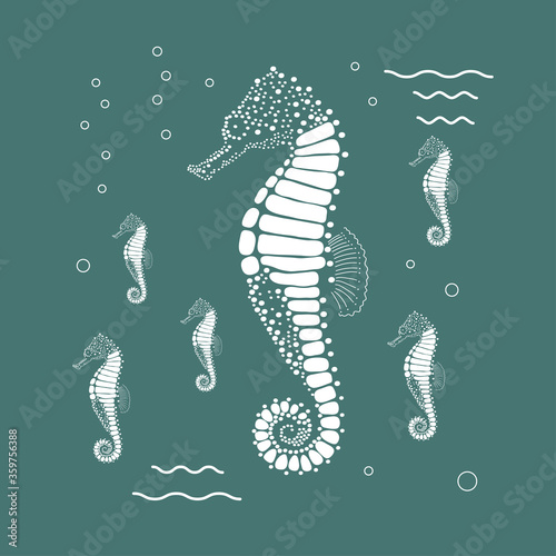 Flat vector illustration with white seahorse on blue background.