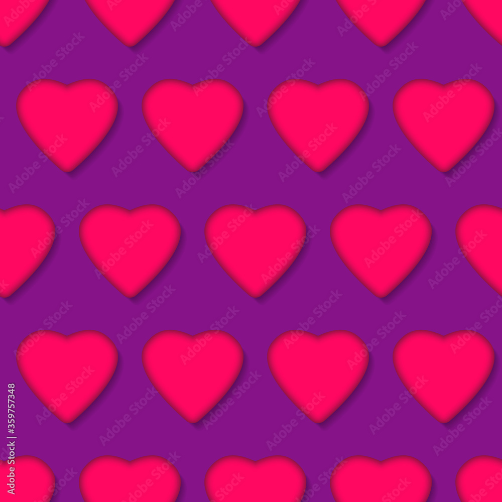 Pink hearts with shadow on purple background. Seamless pattern