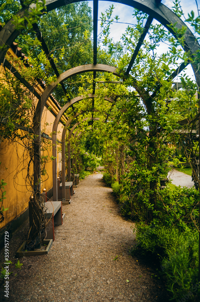 Arched passage in summer garden park with benches. Garden trees metal tunnel walkway in park. Elegant arched passage near yellow wall