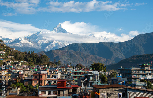 The cityscape of Pokhara with the Annapurna mountain range Nepal, Asia