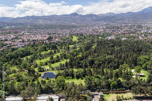 Aerial view of the green of a Mexican golf club in Tlalpan, Mexico City