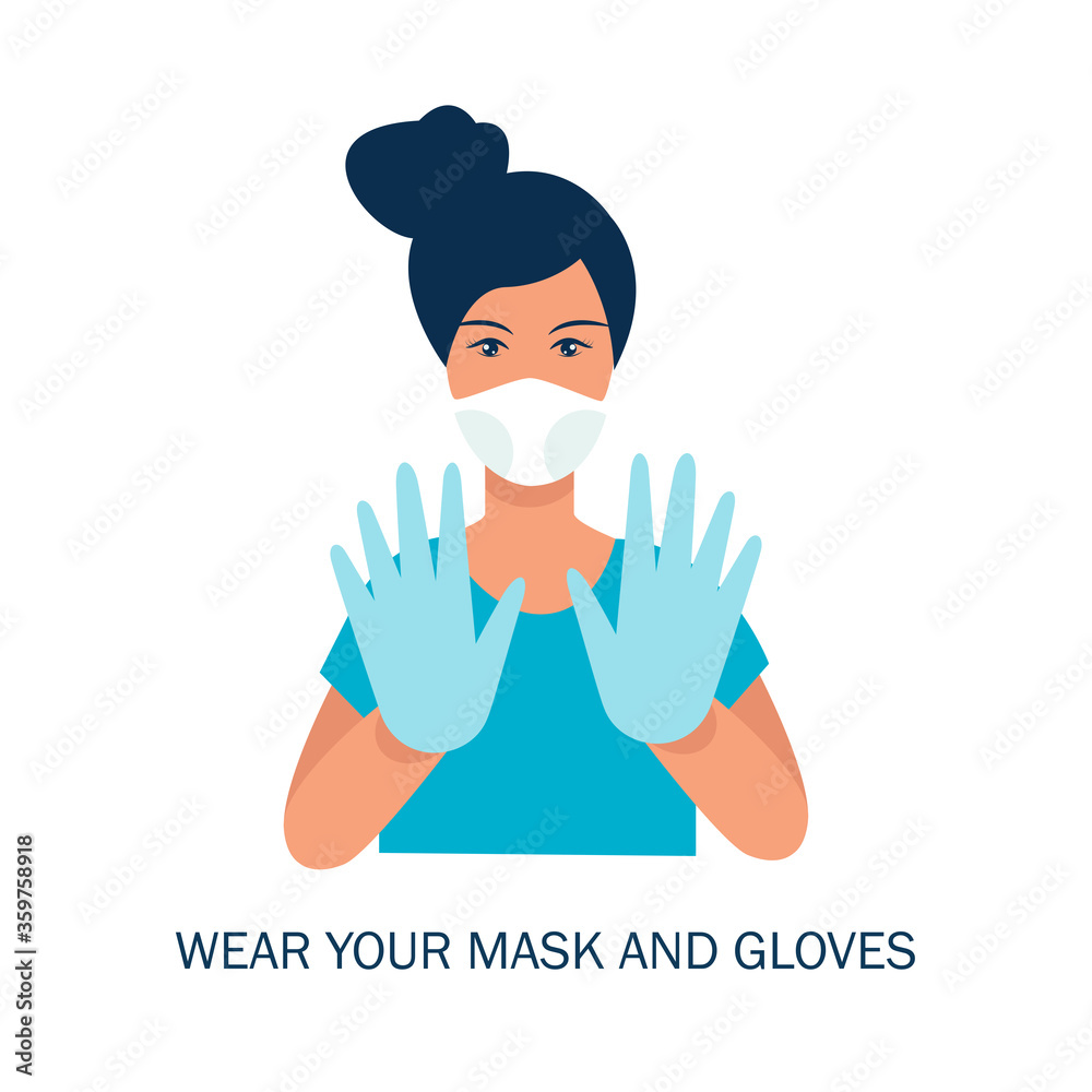 Wear your mask and gloves vector concept. Protection from flu, coronavirus, air pollution, dust. vector illustration.
Wear your mask and gloves vector concept. Protection from flu, coronavirus, air pollution, dust. vector illustration.
