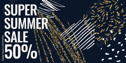 Summer sale banner with gold glitter. Original poster for discount. Bright abstract background with text.