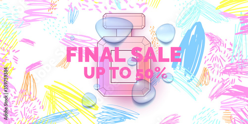 A perfume bottle with a Doodle pattern. Bright modern poster for advertising and sale Fragrance.