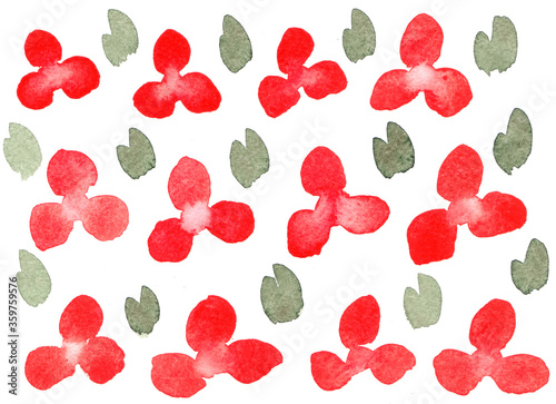 Background watercolor red flovers and green leaf on white