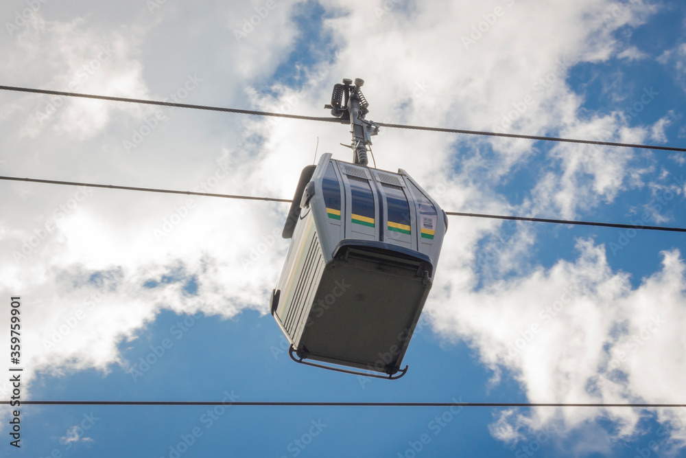 Medellin, Antioquia / Colombia Febreo 24, 2019. Metrocable Line J of the Medellin Metro or Metrocable Nuevo Occidente, is a cable car line used as a medium-capacity mass transport system Medellin, Antioquia / Colombia Febreo 24, 2019. Metrocable Line J of the Medellin Metro or Metrocable Nuevo Occidente, is a cable car line used as a medium-capacity mass transport system