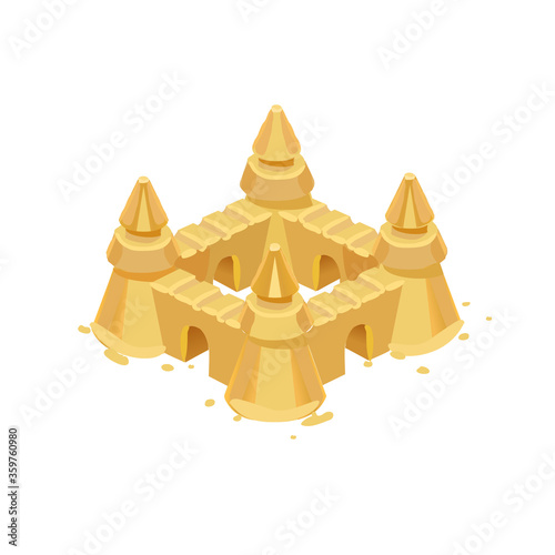 Sand castle with 4 towers. Vector isometric illustration.