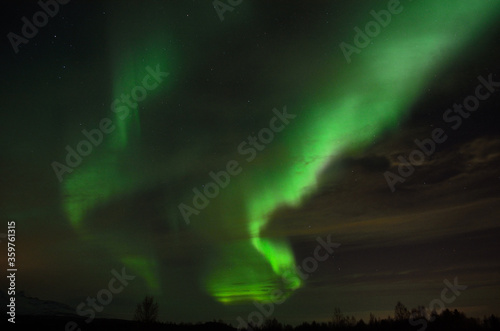 solar flare creates strong vibrant aurora borealis on the winter night sky over forest and trees