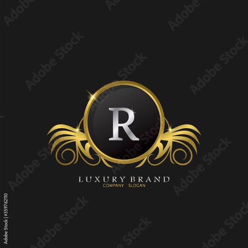 Letter R Golden Circle Shield Luxury Brand Logo, vector design concept for initial, luxury business, hotel, wedding service, boutique, decoration and more brands.