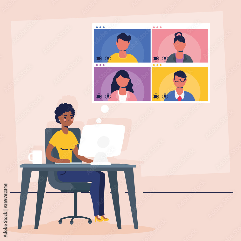 afro woman using desktop in virtual conference communication afro woman using desktop in virtual conference communication