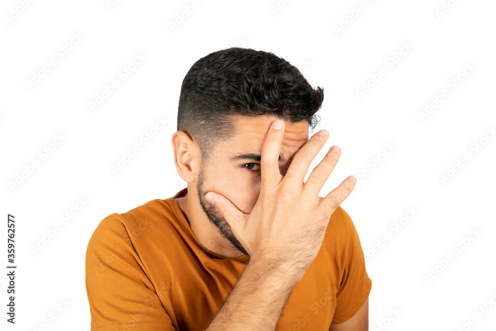 Portrait of young man looking scared. Portrait of young man looking scared.