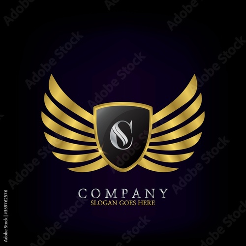 Golden Wing Shield Luxury Initial Letter C logo design concept.