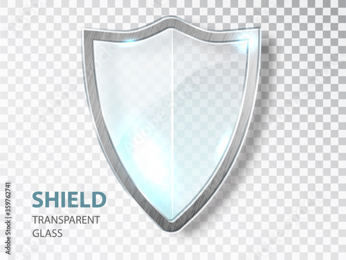 Glass shield sign. Security glass label. Privacy transparent banner shield. Defense safeguard sign.