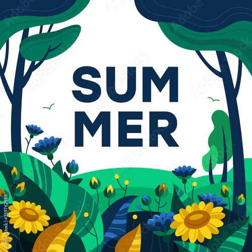 Vector illustration in a flat style. Composition with flowers, leaves, trees and herbs. Nature and ecological environment.