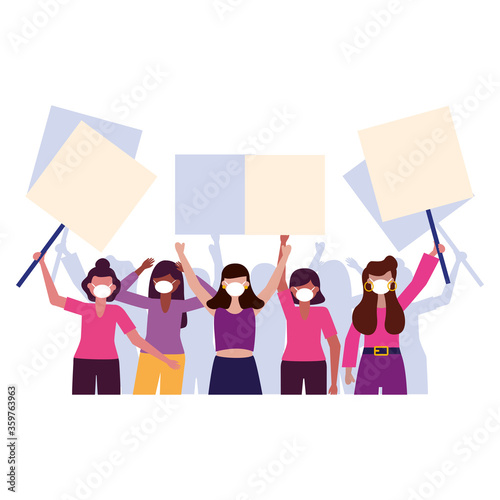 Women with medical masks and banners boards vector design