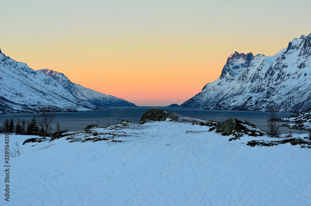 Majestic snowy mountains surround arctic fjord with vibrant colours on the dawn sky