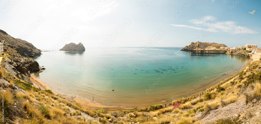Panoramic view of Isla del Fraile and Playa del hornillo in Aguilas, Murcia, Spain