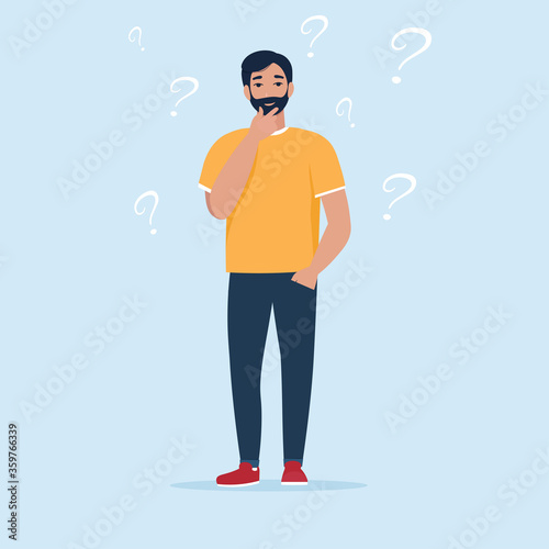 Thinking man. Question mark. Vector illustration in flat style