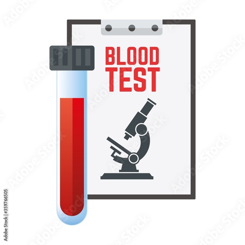 Blood test with tube and microscope on the panel background. Hematology laboratory. Basic metabolic panel result. LDL and HDL cholesterol bloodwork. Full count analysis.