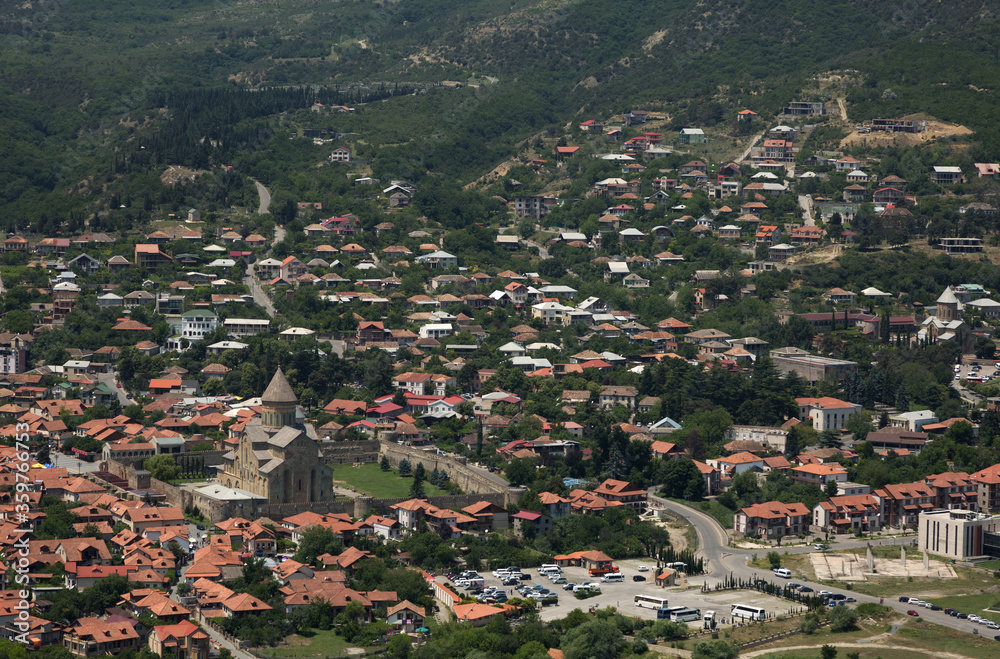 Svetitskhoveli Cathedral and Mtskheta town aerial view from Jvari, Monestry, Tblisi