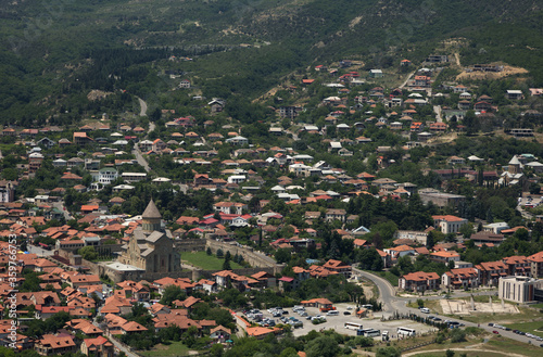 Svetitskhoveli Cathedral and Mtskheta town aerial view from Jvari, Monestry, Tblisi