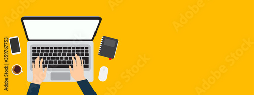 Person using a laptop computer from above vector illustration banner