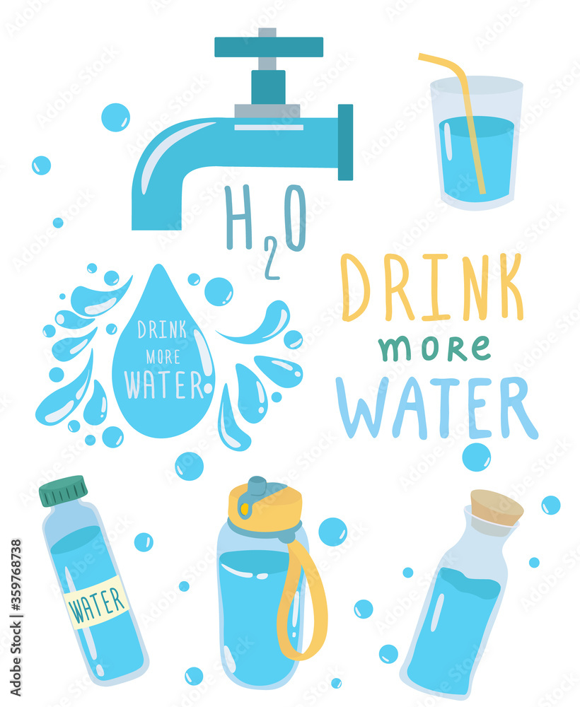 Drink More water for good health concept with water dripping from a tap above three full bottles and flasks over white with text, colored vector illustration Drink More water for good health concept with water dripping from a tap above three full bottles and flasks over white with text, colored vector illustration