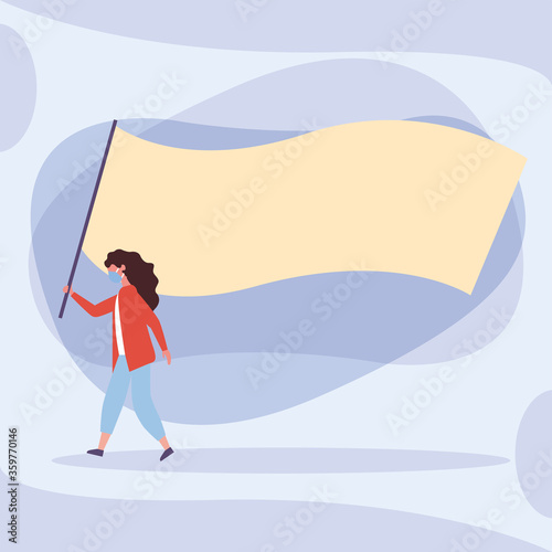 Woman with medical mask and banner board vector design