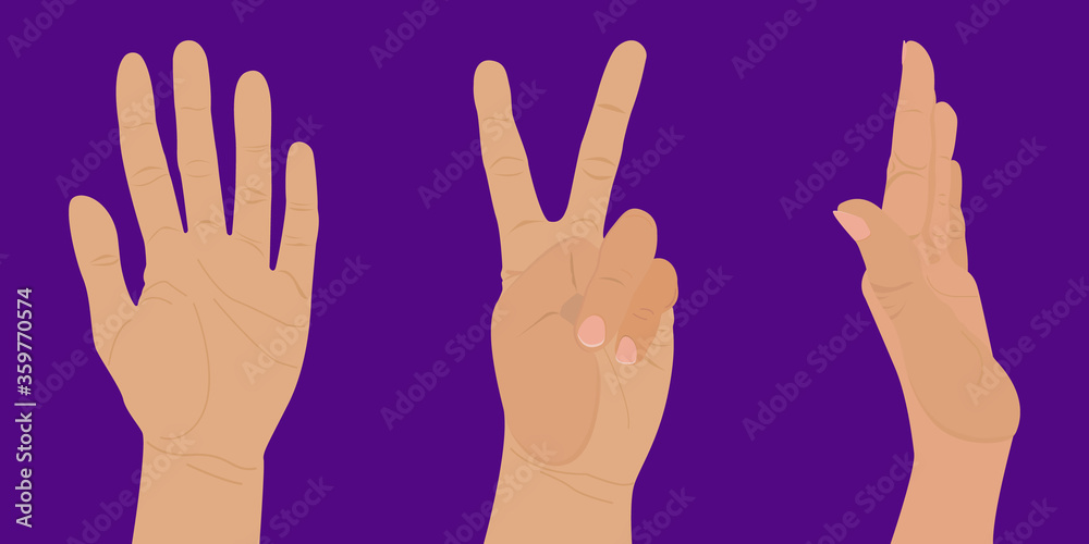 Set of gestures and hands in different poses. Vector illustration of hands isolated on a purple background