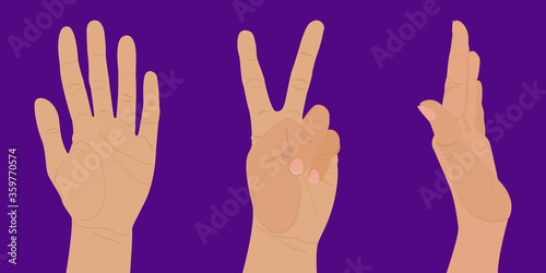 Set of gestures and hands in different poses. Vector illustration of hands isolated on a purple background