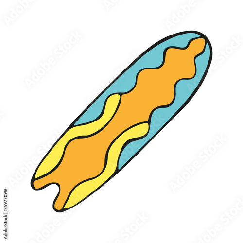 Surfboard icon. Colored silhouette. Top view. Hand drawn vector flat graphic illustration. Isolated object on a white background. Isolate. © far700