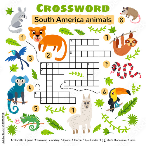 Fototapeta Naklejka Na Ścianę i Meble -  South America animals crossword. Game for kids