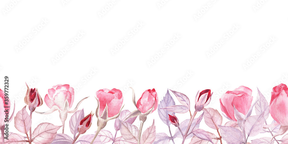 Seamless border of rose bud and leaves, drawn with watercolor in a very soft, almost monochrome, color range, Great for visit cards, romantic notes and decoration. 