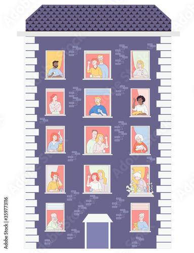 People in the window frames. The concept of living and self-isolation. Residential building and many different neighbors in the open windows, an elderly couple with dogs, a grandmother with a cat