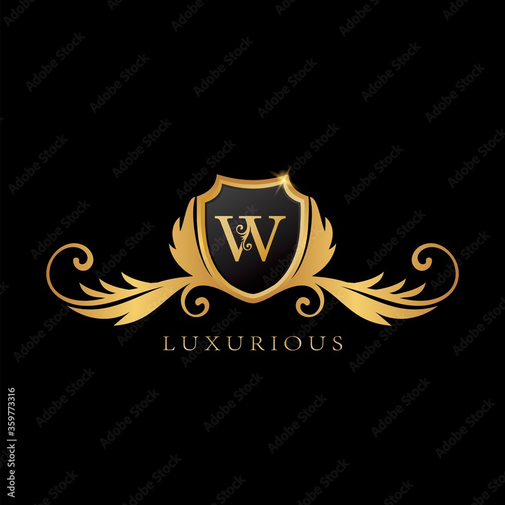 Golden W Logo Luxurious Shield logo design concept. Golden W Logo Luxurious Shield logo design concept.