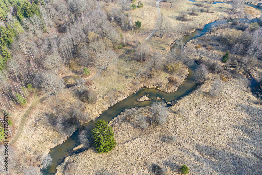Aerial view of spring landscape river