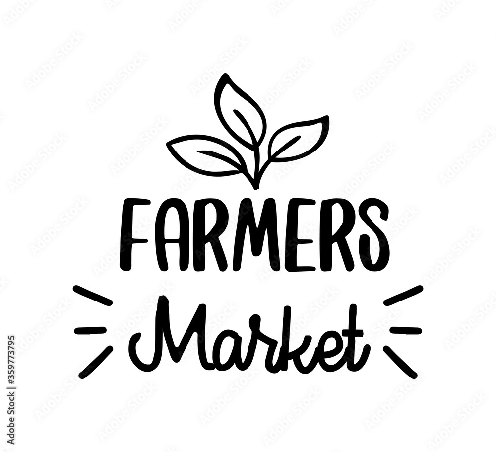 Fototapeta premium Farmers market hand drawn doodles badges, logo, icon, label. Vector brush lettering typography - farmers market on a white background. Farm market natural organic product brand sign symbol.