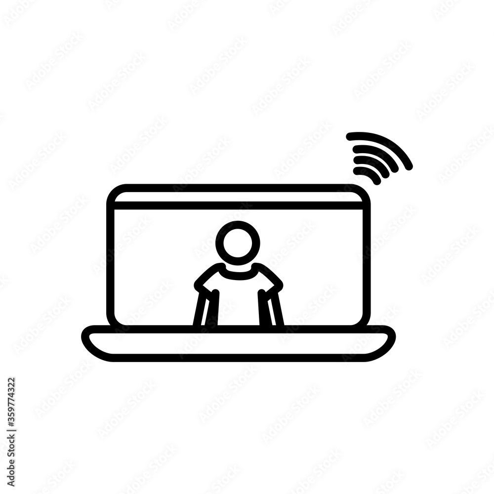 laptop computer with pictogram man on screen and wifi signal icon, line style