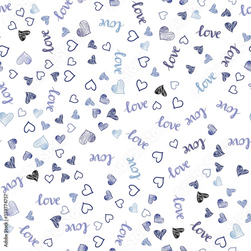 Light Purple vector seamless background with words of love  hearts. Illustration with words of love  hearts in abstract style. Texture for window blinds  curtains.