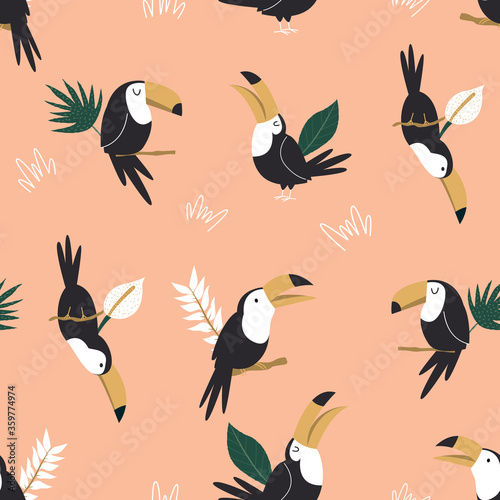 Seamless pattern with tropical toucan birds and palm leaves. Abstract design for textile  wrapping paper  decorations